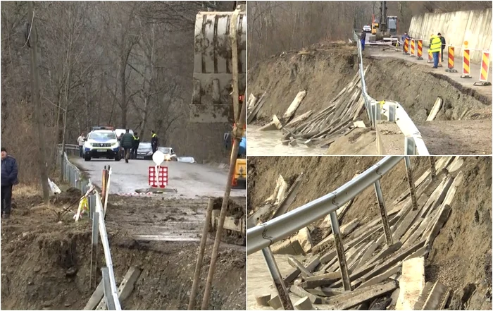 Drumul distrus de inundații în Vrancea amenință să cedeze complet
