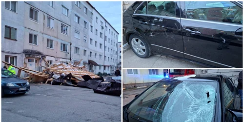 Acoperișul unui bloc a fost smuls și aruncat peste patru mașini parcate în fața unui bloc din Bistrița FOTO Facebook Mesager24.ro
