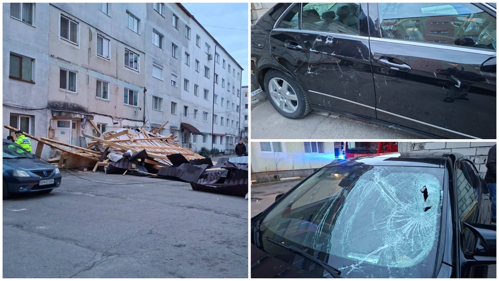 Momentul șocant în care vântul puternic a smuls acoperișul unui bloc din Bistrița. Patru mașini parcate au fost avariate