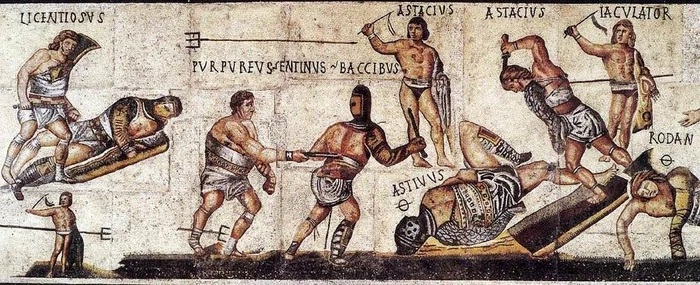 Mozaic reprezentând gladiatori aflat la Galleria Borghese (© Wikimedia Commons)