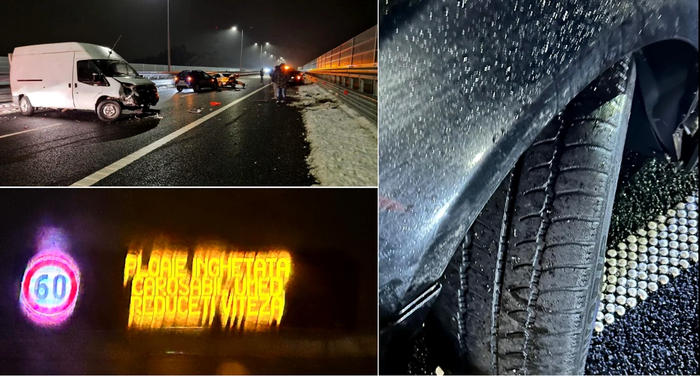 Accidentul în lanț de pe Autostrada Sibiu Pitești în care un om a căzut de pe un viaduct Colaj