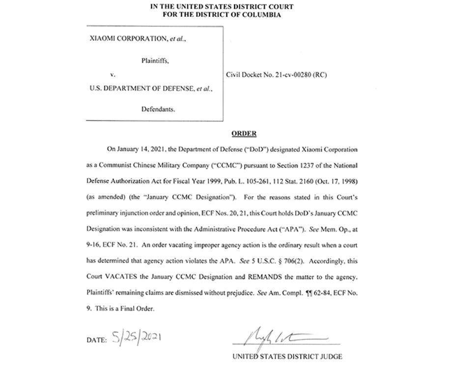 Documentul emis de tribunalul american pentru Xiaomi