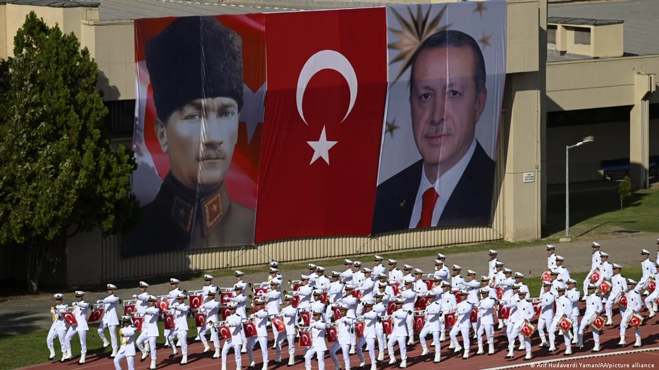 Bannere cu Mustafa Kemal Atatürk (stânga) și Recep Tayyip Erdogan la o ceremonie din Istanbul