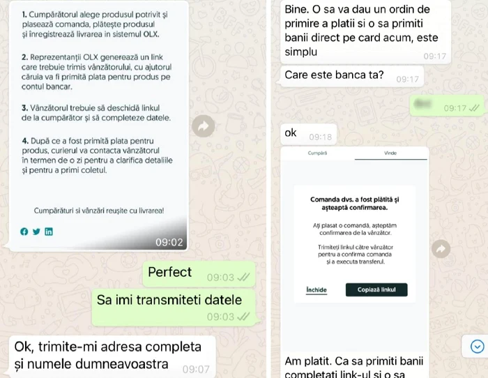 Conversaţie phishing OLX - fraude online Vâlcea Foto Adevărul 2