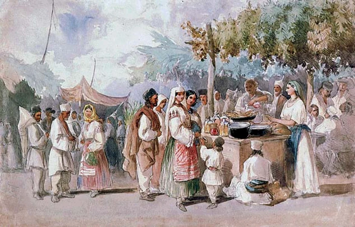 Buzoieni, îmbrăcaţi în port popular, la 1800 Carol Pop de Szatmary ''Târgul Drăgaica''
