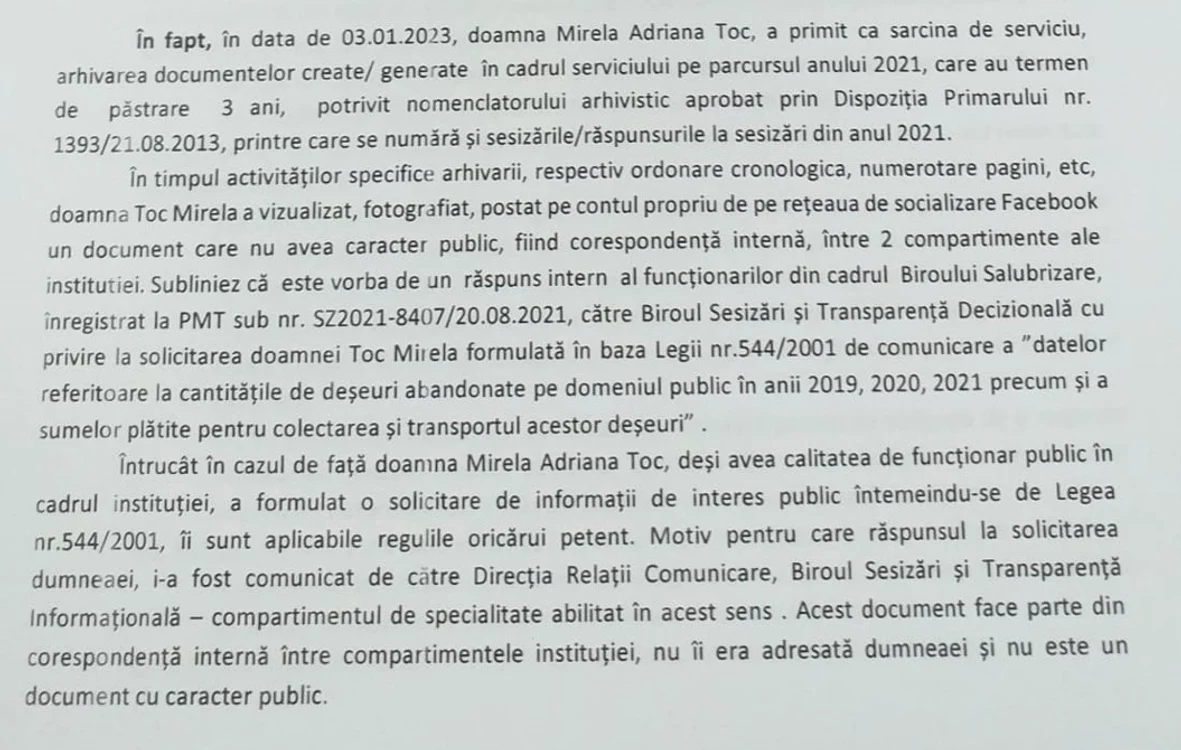 Fragment din sesizarea Comisiei de Disciplină de către șefa Serviciului Salubritate