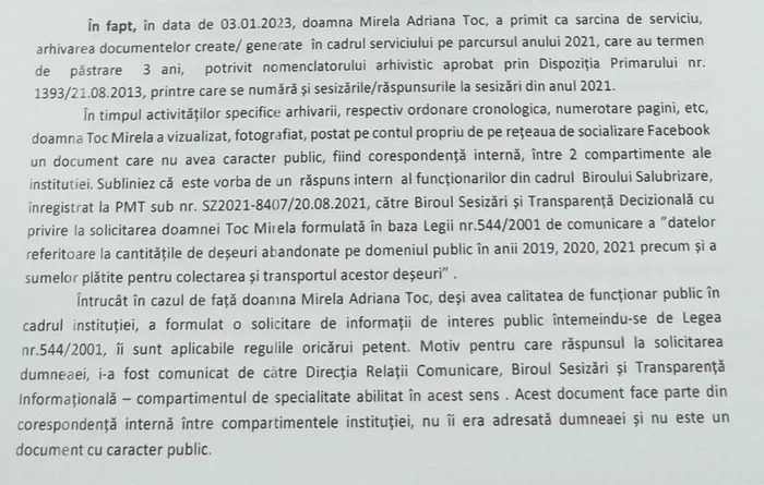 Fragment din sesizarea Comisiei de Disciplină de către șefa Serviciului Salubritate