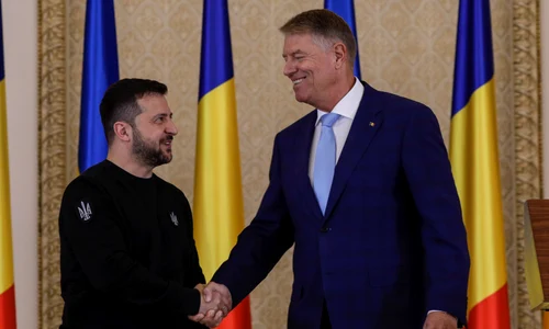 Președintele ucrainean Volodimir Zelenski face declarații de presă la Palatul Cotroceni alături de omologul român, Klaus Iohannis, în București. FOTO Inquam Photos / Octav Ganea