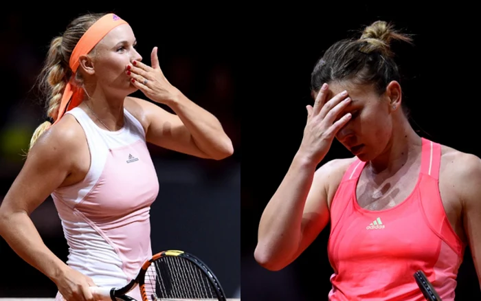 Caroline Wozniacki  şi Simona Halep la finalul partidei. FOTO Guliver/Getty Images