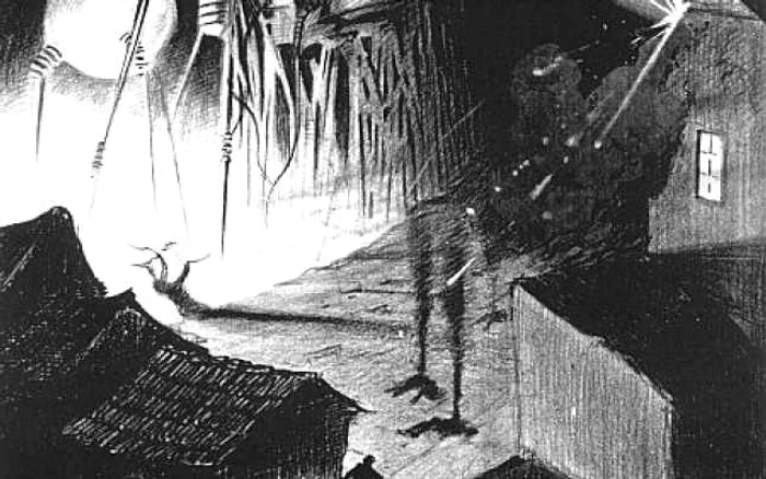 Armată de marţieni distruge un oraş din Anglia. Ilustraţie din ediţia belgiană, din 1906, a romanului „Războiul Lumilor“, realizată de brazilianul Henrique Alvim Corréa.