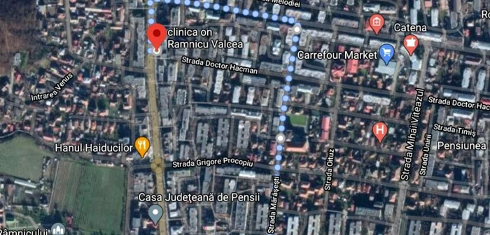 Traseul urmat de hoţii de buzunare în căutarea unor posibile victime - bătrâni singuri şi vulnerabili din Râmnicu Vâlcea Foto google maps