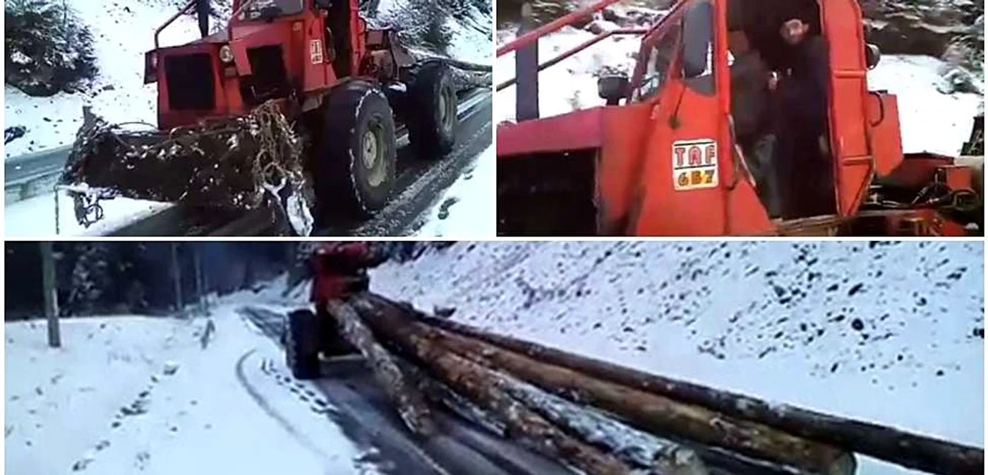 Un utilaj TAF a fost filmat tractând buşteni pe drumul TransRarău FOTO Constantin Lucuţar