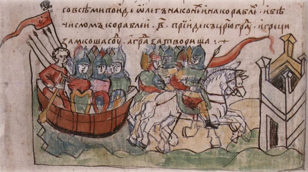 Varegii asediază Constantinopolul în anul 911, sub conducerea lui Oleg din Novgorod. Miniatură din Cronica Radziwiłł (© Wikimedia Commons)