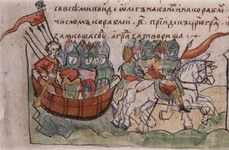 Varegii asediază Constantinopolul în anul 911, sub conducerea lui Oleg din Novgorod. Miniatură din Cronica Radziwiłł (© Wikimedia Commons)
