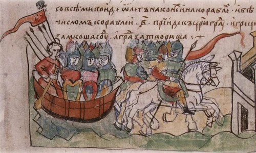 Varegii asediază Constantinopolul în anul 911, sub conducerea lui Oleg din Novgorod. Miniatură din Cronica Radziwiłł (© Wikimedia Commons)