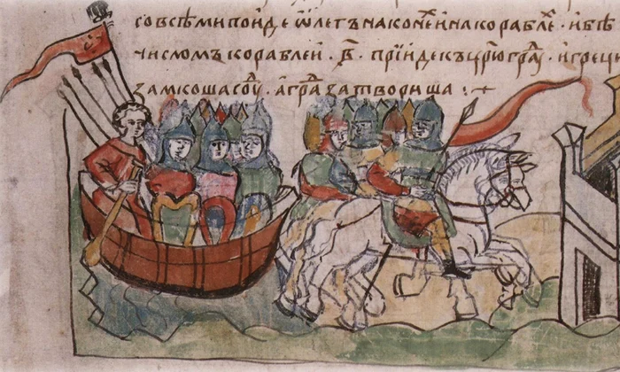 Varegii asediază Constantinopolul în anul 911, sub conducerea lui Oleg din Novgorod. Miniatură din Cronica Radziwiłł (© Wikimedia Commons)
