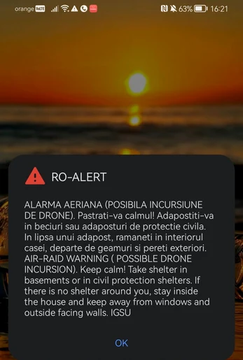 RO-Alert în Botoșani: populația, avertizată cu privire la posibilitatea căderii unor obiecte din spațiul aerian 12.09.2026