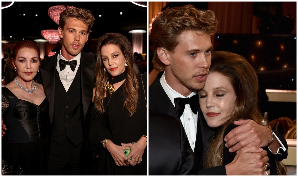 Priscilla Presley, Austin Butler și Lisa Marie Presley la Globurile de Aur 2023 FOTO Profimedia 