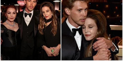 Priscilla Presley, Austin Butler și Lisa Marie Presley la Globurile de Aur 2023 FOTO Profimedia 