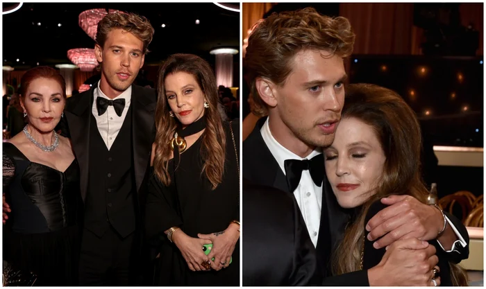 Priscilla Presley, Austin Butler și Lisa Marie Presley la Globurile de Aur 2023 FOTO Profimedia 
