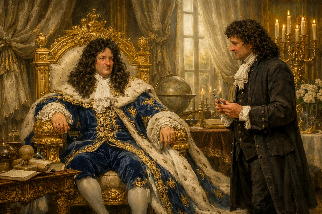 Regele Ludovic al XIV-lea și medicul său, Charles‑François Félix de Tassy. Imagine generată cu AI