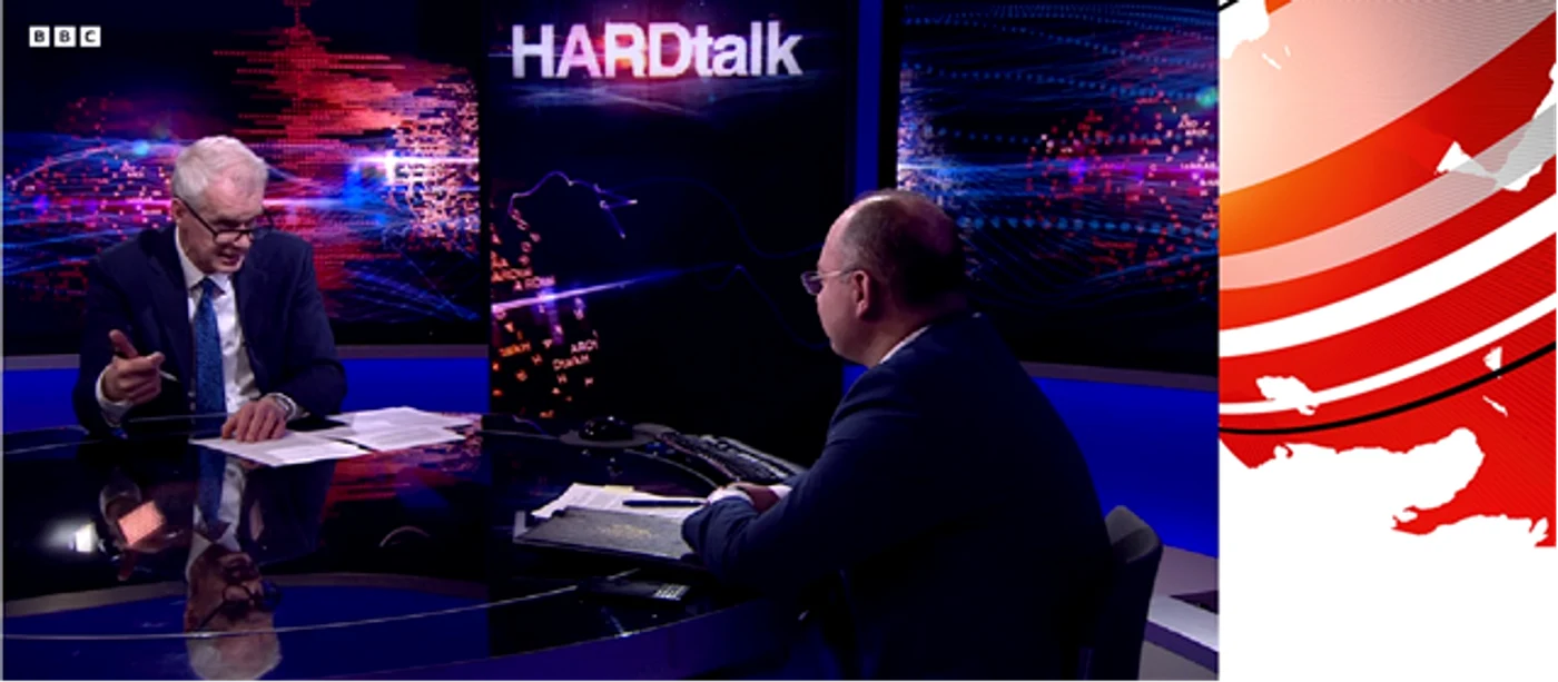 Captură din emisiunea Hard Talk cu jurnalistul Stephen Sackur și Ministrul de Externe Bogdan Aurescu
