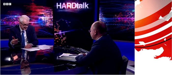 Captură din emisiunea Hard Talk cu jurnalistul Stephen Sackur și Ministrul de Externe Bogdan Aurescu