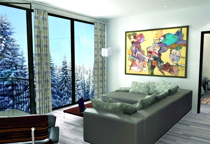 De la fereastră se  văd păduri şi munţi