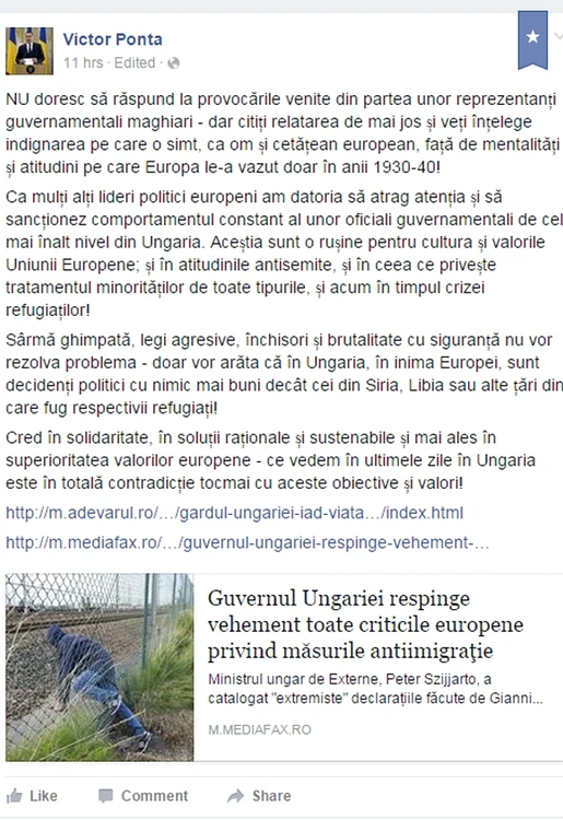 Ponta a criticat dur modul de gestionare a crizei refugiaților din Ungaria