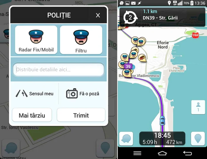 Șoferii selectază în aplicație dacă este radar sau filtru și postează în timp real. Dacă raportarea este corectă, vor apărea mai multe capete de polițiști 