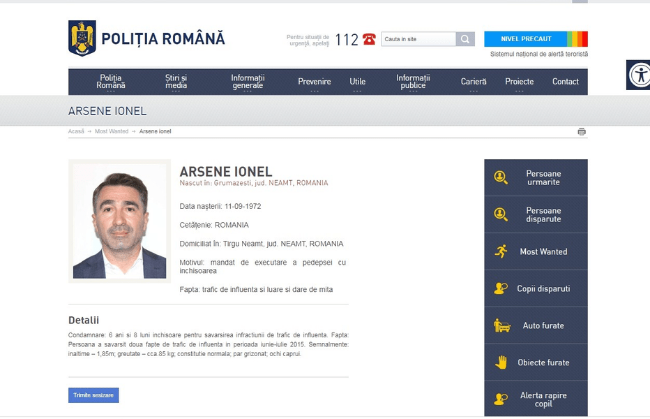 „Baronul” Arsene, fostul șef al CJ Neamț, este cap de listă în secţiunea „Most wanted“ a Poliţiei Române