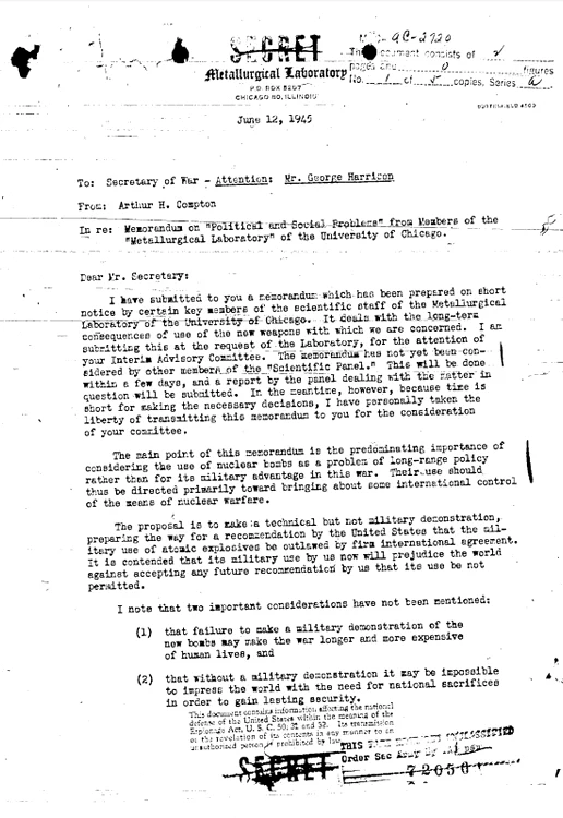 Raportul Franck declasificat. Textul integral poate fi accesat la Atomic Heritage Foundation
