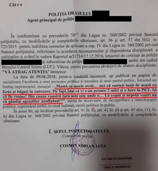 Avertismentul primit de la superiori de un poliţist vâlcean în urma unui comentariu pe Facebook Foto FB Bogdan Bănică