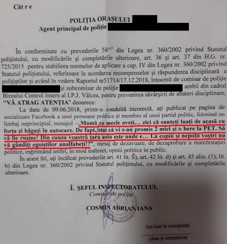 Avertismentul primit de la superiori de un poliţist vâlcean în urma unui comentariu pe Facebook Foto FB Bogdan Bănică