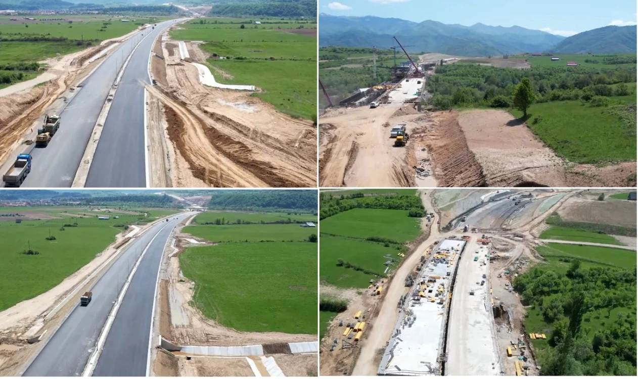 Stadiul lucrărilor pe Lotul I al Autostrăzii Sibiu - Piteşti în ziua vizitei ministrului Transporturilor Sorin Grindeanu Foto colaj