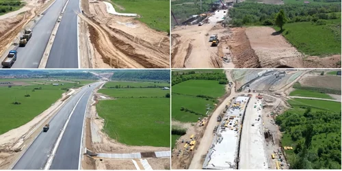 Stadiul lucrărilor pe Lotul I al Autostrăzii Sibiu - Piteşti în ziua vizitei ministrului Transporturilor Sorin Grindeanu Foto colaj