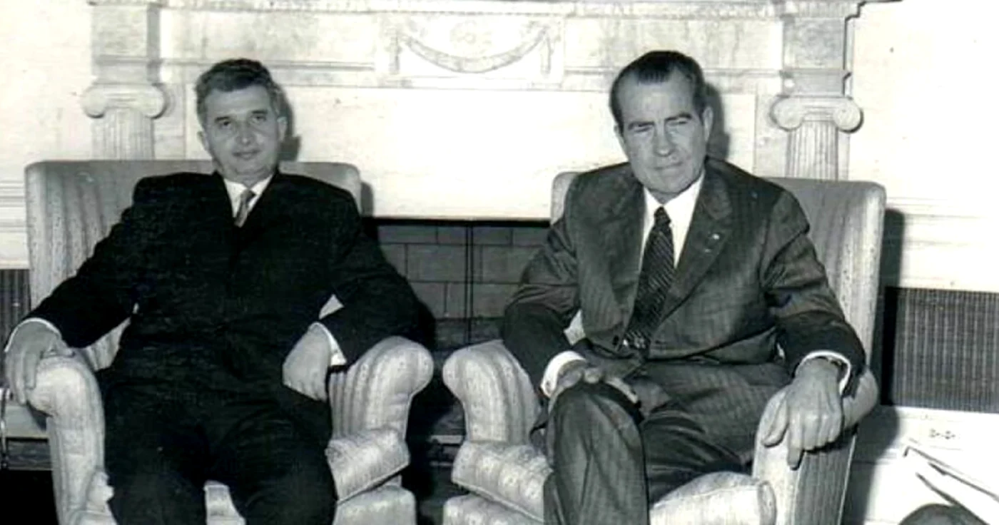 Ceaușescu în vizită în Statele Unite alături de președintele Nixon 