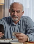 un barbat in varsta se uita pe un telefon mobil tinand in amna un card de credit jpg