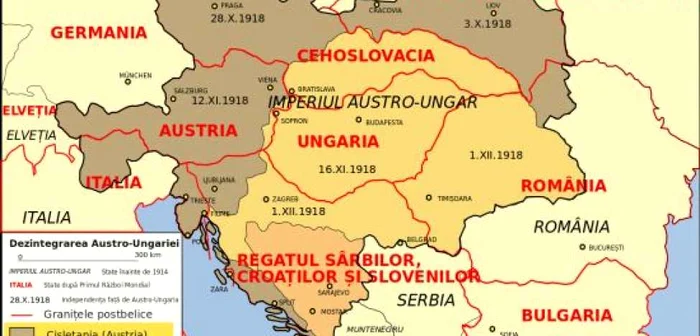 Hartă ce reprezintă dezintegrarea Austro-Ungariei