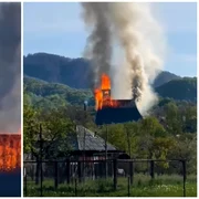 Un incendiu puternic a izbucnit marți dimineață la Biserica de lemn din Șurdești, 28 aprilie 2026 FOTO: captură video Facebook