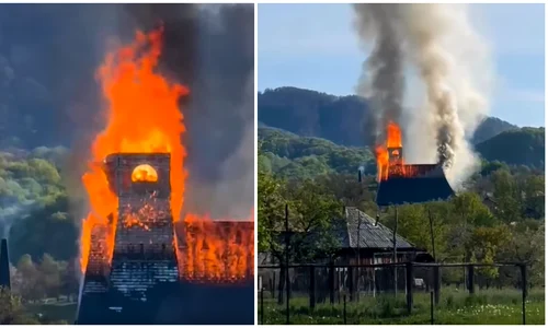 Un incendiu puternic a izbucnit marți dimineață la Biserica de lemn din Șurdești, 28 aprilie 2026 FOTO: captură video Facebook