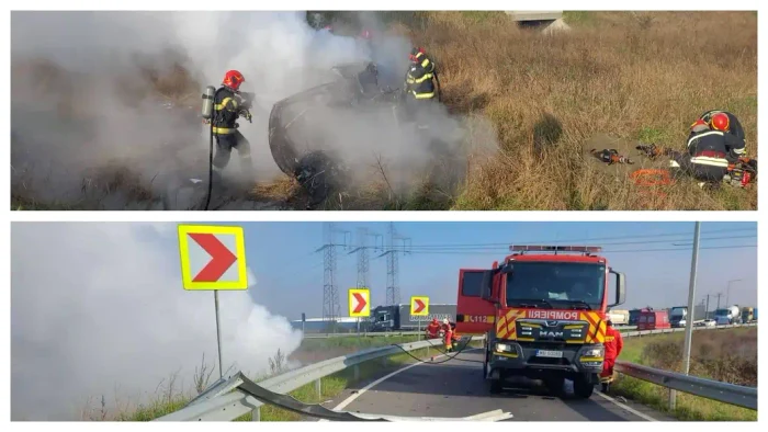 O femeie a ars de vie după ce s-a răsturnat cu mașina pe A7, spre DN 2f/FOTO: Bacău.net