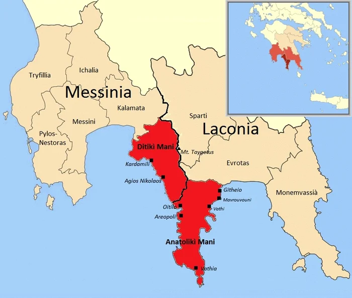 Harta administrativă a peninsulei Mani (© Filippo.romano / Wikimedia Commons)