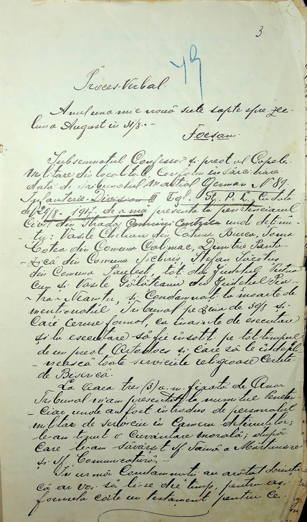 31 august 1917. Proces-verbal redactat de preotul Alexe Vasilescu, referitor la ultimele ore de viață ale membrilor grupului Chilian (© Arhivele Naționale ale României)