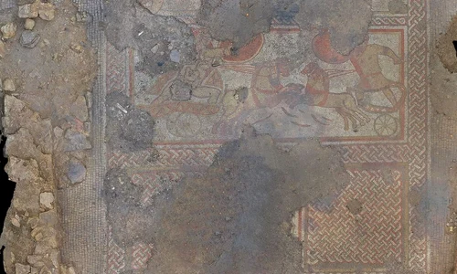 Prima scenă a Mozaicului de la Ketton: Ahile se duelează cu Hector (© University of Leicester Archaeological Services)