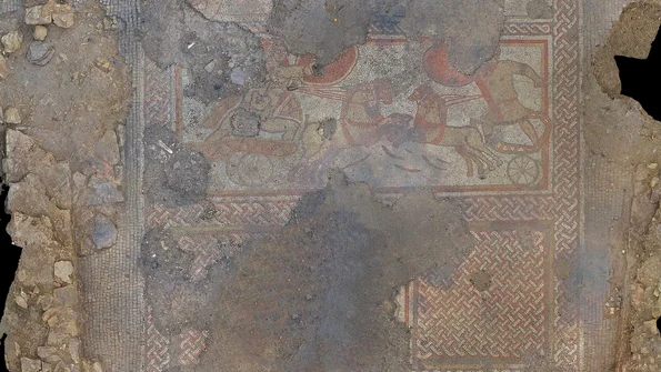 Prima scenă a Mozaicului de la Ketton: Ahile se duelează cu Hector (© University of Leicester Archaeological Services)