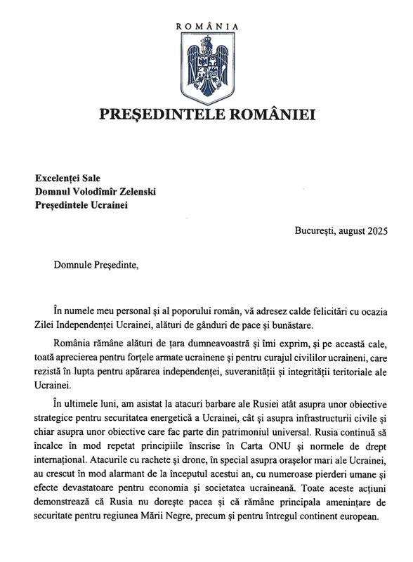 Scrisoarea integrală trimisă de președintele României către liderul de la Kiev / Sursa foto: X