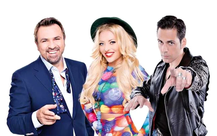 Hiria Brenciu (stânga) şi Ştefan Bănică, la prima apariţie în juriul „X Factor“, alături de Delia FOTO Antena 1