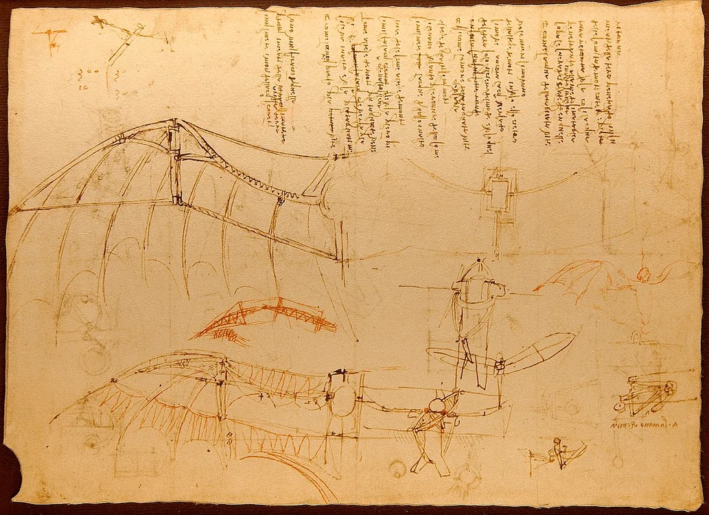 Schița aparatului de zbor proiectat de Leonardo da Vinci FOTO wikipedia