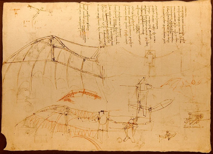 Schița aparatului de zbor proiectat de Leonardo da Vinci FOTO wikipedia